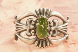 Genuine Royston Turquoise Sandcast Sterling Silver Navajo Bracelet
